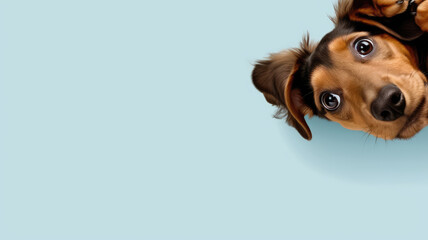 An upside-down dog's head with big, soulful eyes and floppy ears against a blue background. - obrazy, fototapety, plakaty