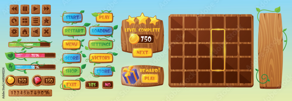 Leinwandbilder forest game menu interface. ui game buttons, gui elements game asset. panel, exit or restart options