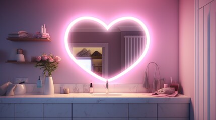 A bathroom mirror adorned with heart-shaped LED lights for a soft glow.