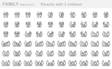 Fototapeta na wymiar Family (Part 2 of 5). Parents with three children. Father, mother, son, daughter, newborn, infant, kid, teenager. Set of outline icons (thin line vector). Editable Strokes