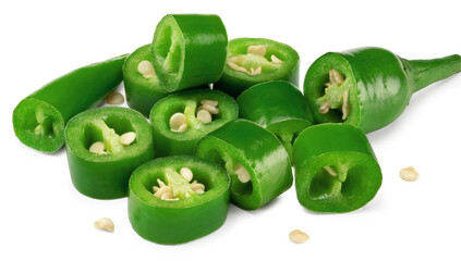 sliced green hot chili peppers isolated on white background clipping path