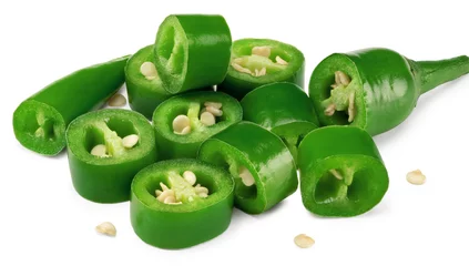 Outdoor kussens sliced green hot chili peppers isolated on white background clipping path © Tatiana