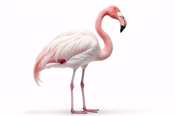 A Pink Flamingo with its neck shaped like a heart, one leg raised, standing isolated on a white background.