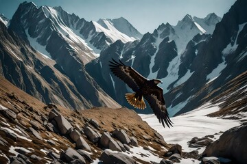 A stealthy golden eagle, captured mid-flight against a backdrop of rugged mountain peaks.