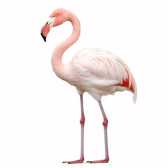 A Pink Flamingo stands isolated, curling its heart-shaped neck and raising one leg, on a white backdrop.