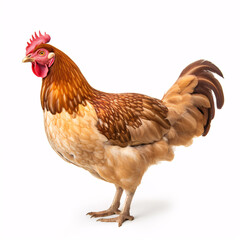 A solitary juvenile chicken positioned against a plain backdrop, viewed from the side.