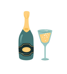 Champagne bottle and glass. Isolated illustration. Vector design
