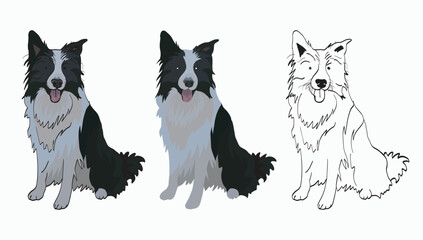 Cute detailed Border Collie Drawing. Cartoon style. Popular character. Black stroke, dog outlines. Dog silhouette. Flat style. Dog stickers set. Cartoonish icon. Design for dog lovers. Collection