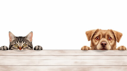 A cat and a dog peeking over a wooden ledge with curious expressions. - obrazy, fototapety, plakaty