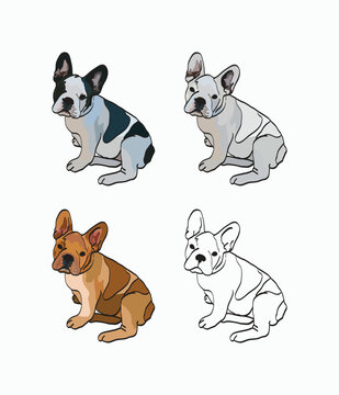 French bulldog drawing art. Cute dog character in a sitting pose, side view. Black, fawn, brown, stroke. Sticker collection, silhouette, outline, french bulldog contour, different colours. Profile.