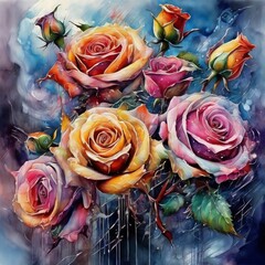 watercolor of roses, intense, stylized, detailed, high resolution, contemporary art