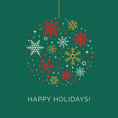 Fototapeta na wymiar Happy Holidays Greeting Card Design Template with Snowflake Pattern on Christmas Ball on Green Background. Holidays, Xmas Vector Illustration