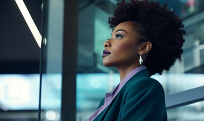 Obraz premium Portrait Young Caucasian Businesswoman. Cityscape in background she standing against contemporary corporate skyscrapers in financial district. Female leadership, girl power, business on the go concept
