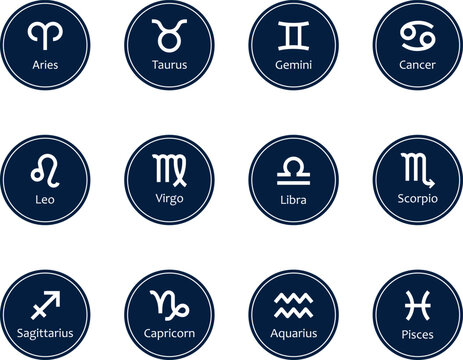 Zodiac signs, blue icons, vector. Horoscope. Zodiac signs symbols: Aries, Taurus, Gemini, Cancer, Leo, Virgo, Libra, Scorpio, Sagittarius, Capricorn, Aquarius and Pisces.