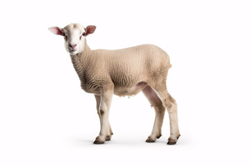 A lamb, sitting alone on a white backdrop, stares into the camera with symbolic innocence and mortality.