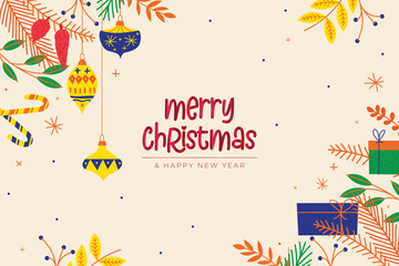 beautiful hand drawn christmas card with ornaments leaves vector design illustration