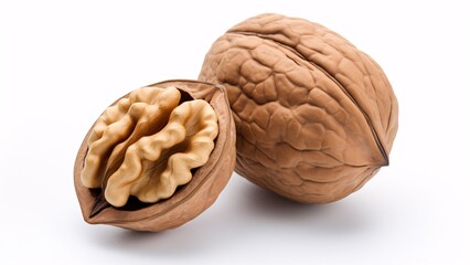 Half of a walnut on a white backdrop.