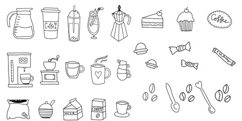 Hand drawn illustration for a coffee shop menu. Set with different types of coffee grinders, turks, coffee beans, chocolate, biscuits, coffee pots.