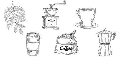 Hand drawn illustration for a coffee shop menu. Set with different types of coffee grinders, turks, coffee beans, chocolate, biscuits, coffee pots.