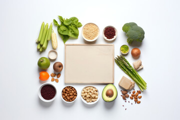 Neatly organized vegan ingredients with a central copy space on a white background. Veganuary.
