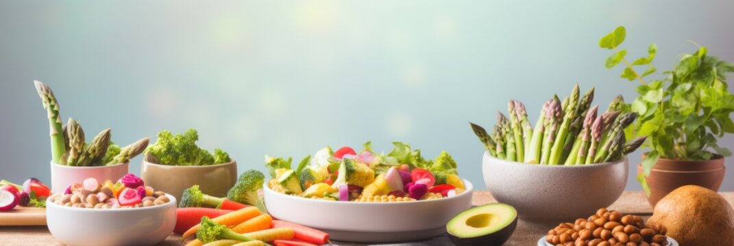 Fresh vegan ingredients arranged on a wooden surface with soft lighting and a gradient backdrop