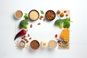 Creative display of vegan ingredients for Veganuary challenge with a central copy space for text
