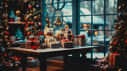 Arrière-plan de Noël avec sapin et cadeau derrière la fenêtre
