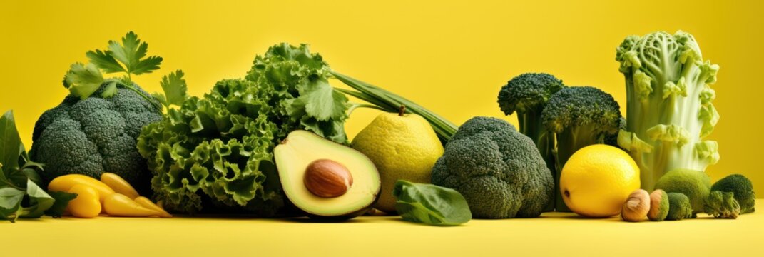 Lush green vegetables and avocado spread against a sunny yellow backdrop for Veganuary. banner
