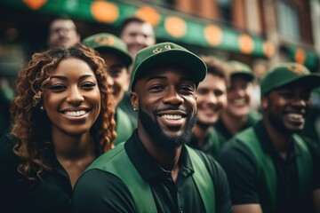 Obraz premium Happy interracial friends in green dressed celebrating Saint Patrick Day.