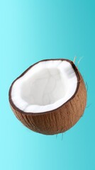 Vertical image of a fresh coconut on blue, showcasing texture and detail