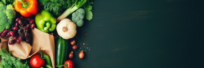 Assorted fresh vegetables on dark background with space for text, top view - obrazy, fototapety, plakaty