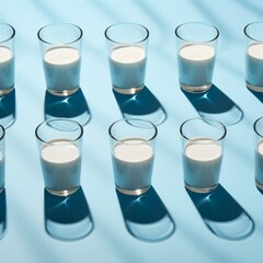 Aesthetic pattern made of glasses of milk on pastel blue backgrounds