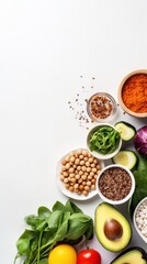 Assorted vegan ingredients on white background, top view. Veganuary and healthy eating concepts