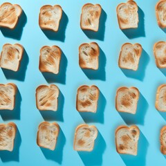 Aesthetic pattern made of slices of breads on pastel blue backgrounds, shadows
