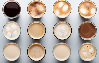 Pattern made of Multiple cups of coffee with variety of coffee drinks overhead view, pastel background 