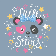 Panda with stars, Little Stars slogan text for t-shirt graphics, fashion prints and other uses