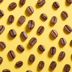 Pattern made of coffee beans against yellow background, perfect