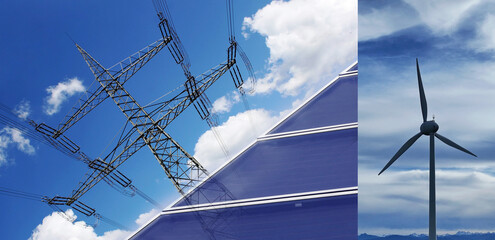 Stromgewinnung durch Photovoltaik und Windrädern. Grüner Strom durch Wind und Sonne