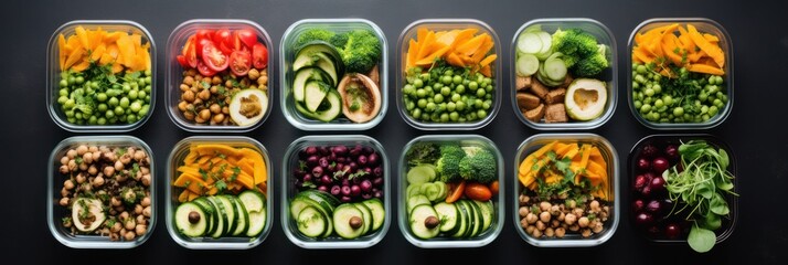 vegan lunch preparation organized containers of fruits, vegetables, and nuts on a dark surface