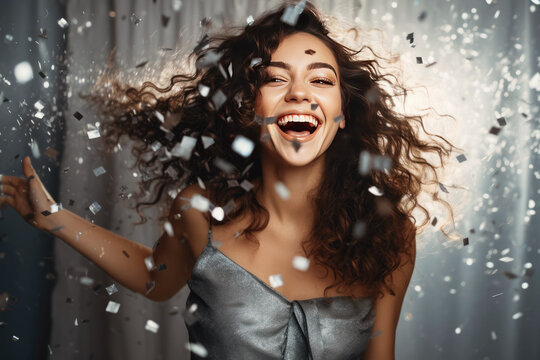 Young happy cheerful young woman enjoyong the party. Clubbing, dancing, new year celebration idea