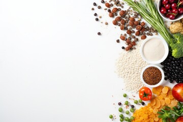 Assorted vegan cooking ingredients and nuts, meticulously arranged around a white space for text
