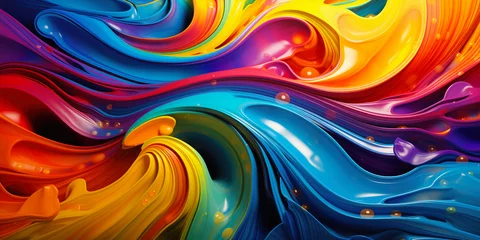 Fotobehang 3d abstract wallpaper. Liquid metal rainbow waves banner. Three dimensional rainbow colored swirls background © B-design