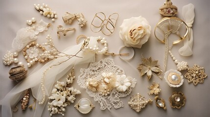  a white table topped with lots of different types of brooches and other assorted brooches on top of a white cloth covered table next to a bouquet of flowers.