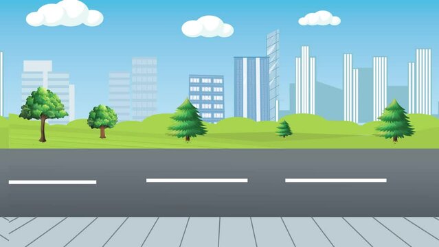 Animation of empty Street in city with sidewalk, Trees and Building in the background. 