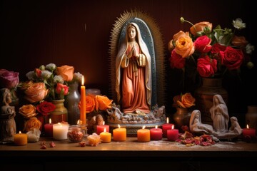 Christian altar with Virgin Mary statue decorated with flowers and candles. Las Posadas, Assumption, Solemnity, Visitation, Nativity of blessed Virgin mary celebration - obrazy, fototapety, plakaty