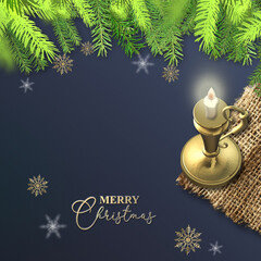 Magic Charismas design. Christmas night with lighted candle on rustic canvas and fir branches on dark blue background with snowflakes. Golden text Merry Christmas. Copy paste template, empty space. 3D
