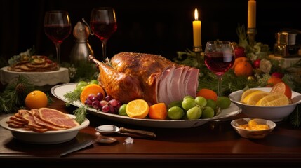  a turkey is sitting on a platter surrounded by fruit, grapes, oranges, and a glass of wine in front of a table with candles and wine glasses.