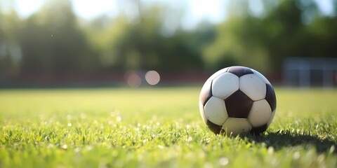 Soccer ball on green grass field. Sport and recreation concept - generative ai