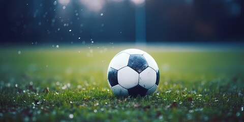 Fototapeta premium Soccer ball on green grass field. Sport and recreation concept - generative ai