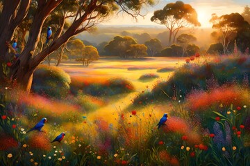A picturesque meadow bathed in golden sunlight, adorned with vibrant wildflowers, as a flock of rainbow lorikeets adds a burst of color to the scene. - Powered by Adobe